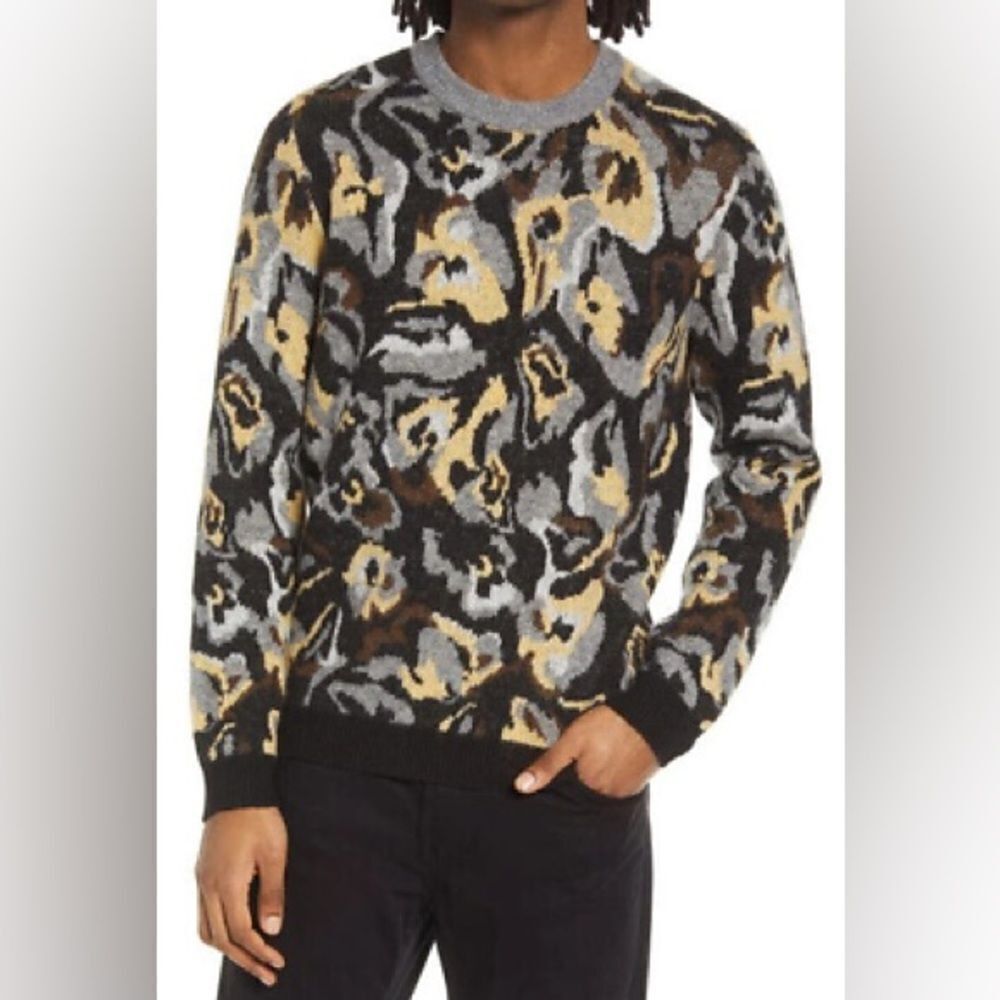 Nordstrom Men’s Open Edit Abstract Soft Fuzzy Black Grey Crewneck Sweater NWT